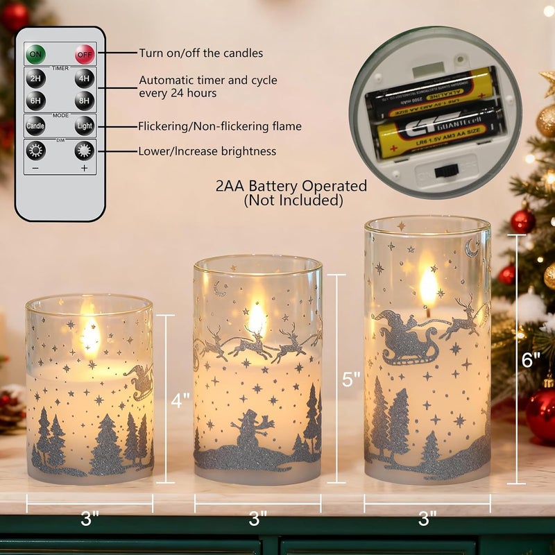 DRomance Reindeer Glass Flameless Candles Battery Operated with Remote and Timer Real Wax Silver Glitter 3D Wick LED Flickering Candles Warm Light Indoor Christmas Holiday Decor 3" D x 4", 5", 6" H - Image 2